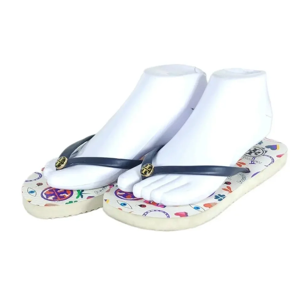 Tory Burch Women’s US6M Blue White Graphic Logo Flip Flop Thong Sandals